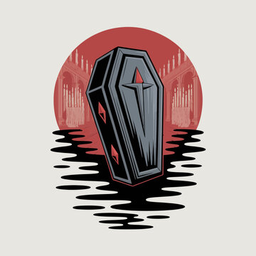Coffin floating on water surface.