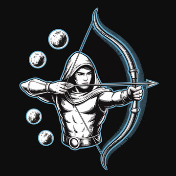 Hooded archer aiming bow and arrow.