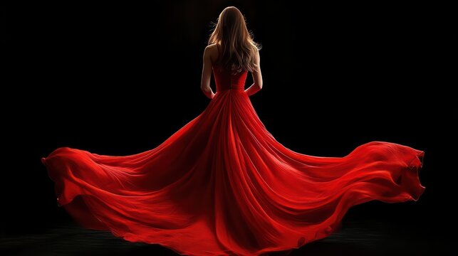 elegant woman with long hair in a flowing red gown, back view against a dark background, dramatic and graceful movement