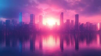 Fototapeta premium Neon pink city skyline at sunrise reflected on calm water, glowing sun and clouds, dreamy tranquil futuristic atmosphere