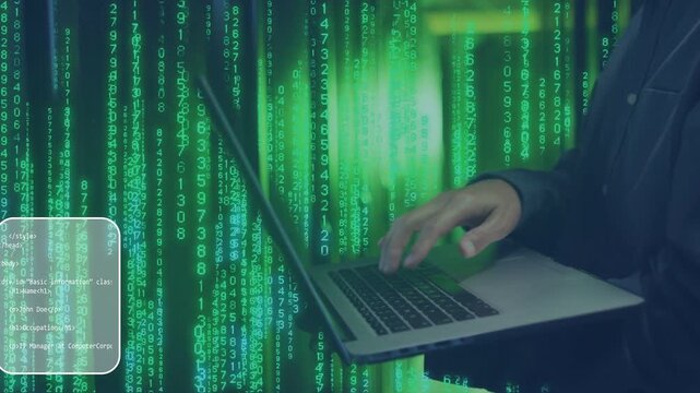 Green rain intensifying, developer typing on laptop as code panels sliding in to debug HTML