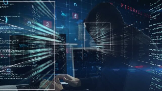 Hooded operator typing at dual-monitor desk, activating HUD and streaming code for security scan