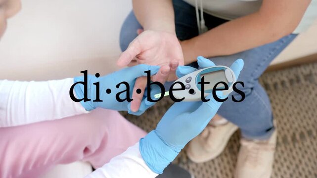 Nurse bringing glucose meter to finger as patient offering hand, testing glucose, diabetes overlay