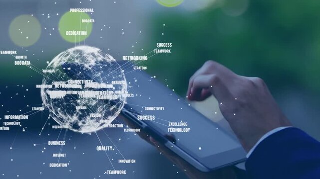 Business pro holding tablet, right-hand tapping swiping rotating holo globe revealing network nodes