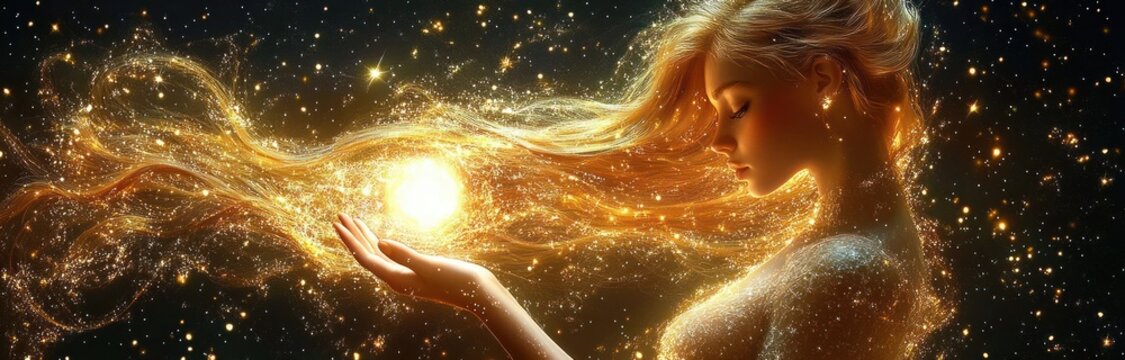 Ethereal woman with flowing golden stardust hair holding a glowing orb of light amid sparkling cosmic particles, serene and magical atmosphere