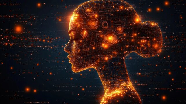 Glowing orange digital human profile formed from circuitry and hexagonal nodes, scattered light particles on a dark background, with a blurred rectangle over the face, evoking futuristic introspection