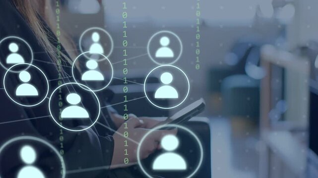 Woman tapping smartphone in lounge, expanding avatar network emanating from phone for marketers