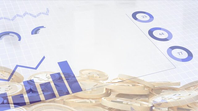 Small blue fragments appearing above coin pile, layered charts animating, showing financial growth
