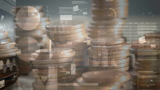 Camera shifting, coin stacks staying while HUD panels sliding and data layering, showing trends