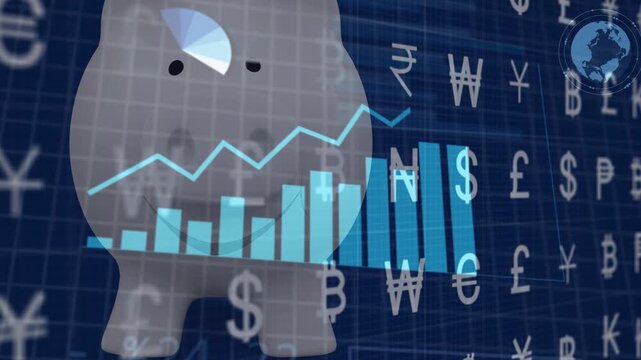 HUD change causing 3D piggy bank anchoring charts rising data panels updating showing currency flow