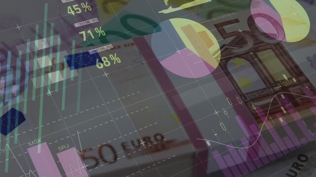 HUD appearing over 50-euro stack, bars rising, pies moving, labels fading, visualizing market data