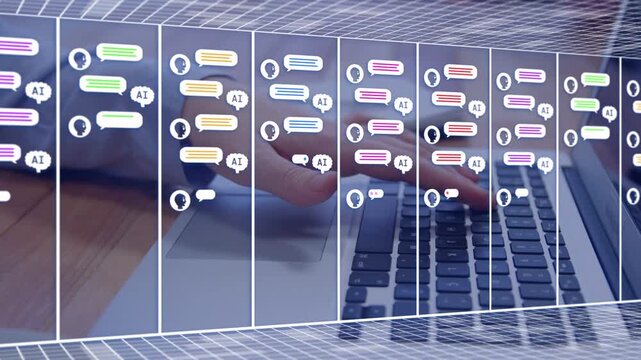 Hand typing on laptop keys, starting panels with chat bubbles filling, showing live AI replies