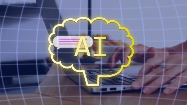 Grid starting, gold AI brain forming, chat UI sliding, bits flowing, hands typing, showing data