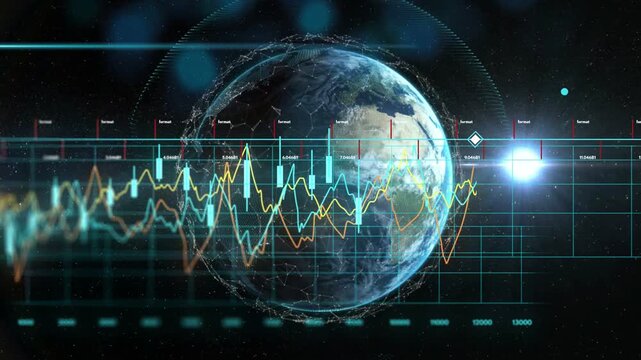 Flare glowing starting 3D globe rotating, line graphs shifting, bars rising, showing analytics
