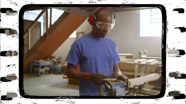Male carpenter loading lathe, shaping wood spindle while overlay guiding cuts, showing safety icons