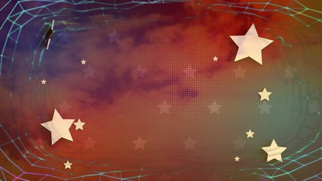 Loop starting, cyan net pulsing and gold stars drifting, rotating, shifting hues to accent halftone