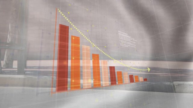 Frame start 3D bar chart rising on plaza, trend animating people passing behind showing finance dip