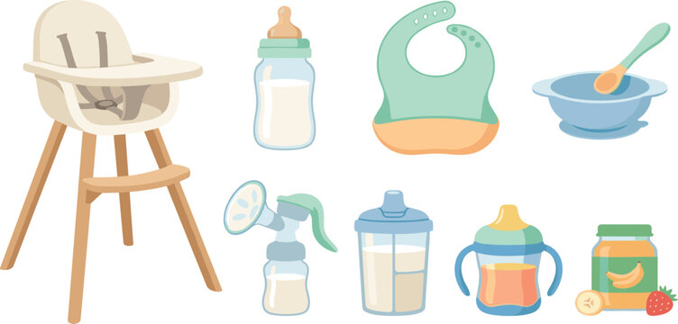 Baby Feeding and Weaning Equipment Set with High Chair Bottle Bib Bowl Spoon Breast Pump Sippy Cup and Puree Jar Vector Illustration
