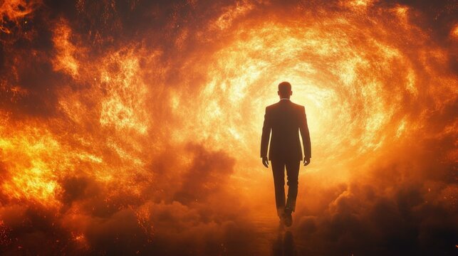 silhouetted man in a suit walking toward a blazing fiery vortex in stormy clouds, evoking determination, awe and confrontation