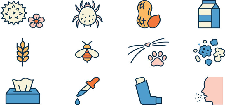 Common Allergens and Intolerance Symptoms Color Line Icon Set with Pollen Mite Peanut Milk Wheat Bee Cat Inhaler Dropper and Tissue Vector Illustration