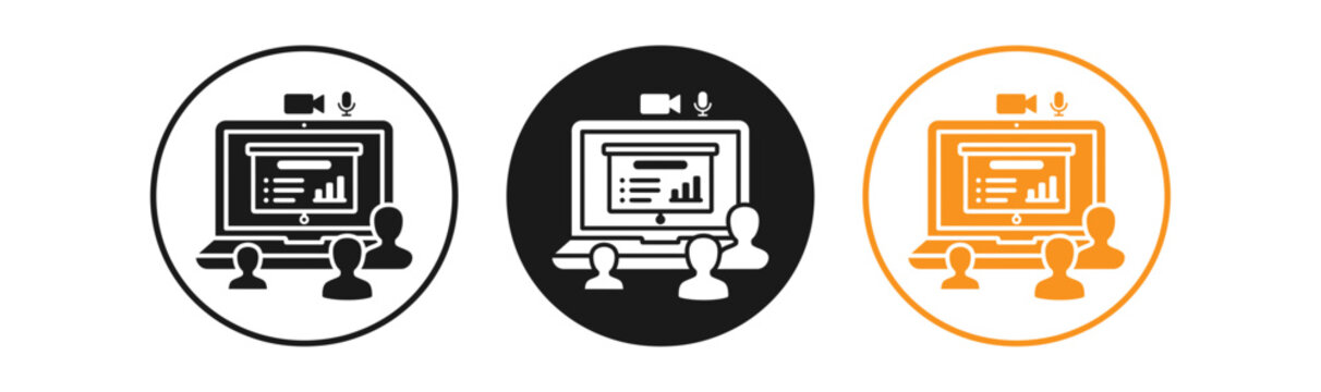 Online learning icon set webinar virtual classroom e learning platform distance education three color variations