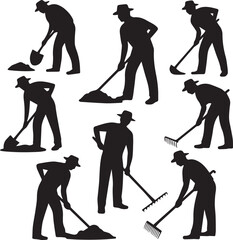 Naklejka premium Silhouettes of gardeners working with tools in various poses Vector