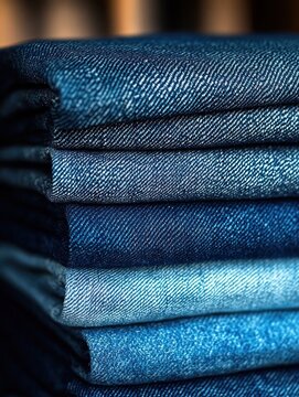 Stack of folded blue denim jeans in varying washes showing textured twill weave, neat tidy pile conveying casual comfort and quiet order