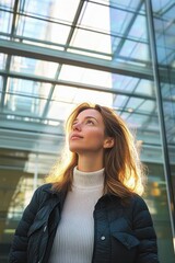 Fototapeta premium person in black puffer jacket and white turtleneck standing beneath a sunlit glass atrium, looking upward with a contemplative hopeful gaze and warm backlit hair halo