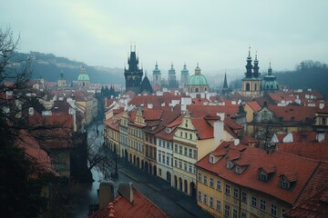 Obraz premium foggy historic cityscape with red tiled rooftops, church domes and spires, narrow wet cobblestone street, pastel townhouses and leafless trees, moody atmospheric morning