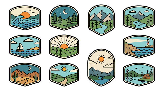 Set of twelve outdoor adventure badges featuring various nature scenes including mountains forests rivers oceans and desert landscape vector illustrations