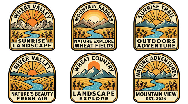 Collection of vintage style badge illustrations featuring scenic mountain landscapes with flowing rivers and golden wheat fields for outdoor branding