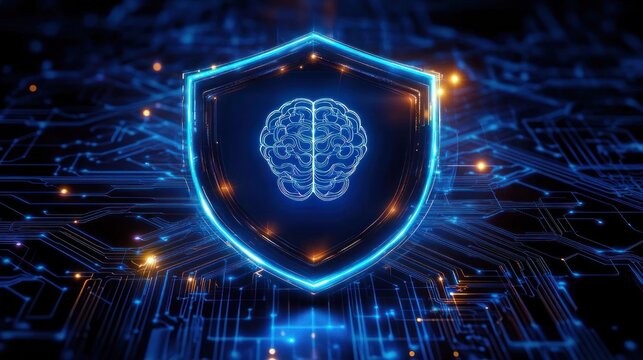 glowing neon shield with stylized brain over a glowing circuit board, blue and orange sparks suggesting futuristic digital protection and confident cyber defense