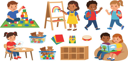 Happy Cute Diverse Children Playing and Learning in Kindergarten Set with Easel Blocks Books Shelf and Toys Vector Illustration © MstRuna