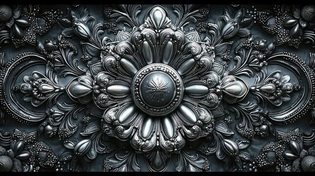 ornate silver embossed rosette and floral relief with symmetrical baroque scrollwork, luxurious elegant intricate metallic craftsmanship