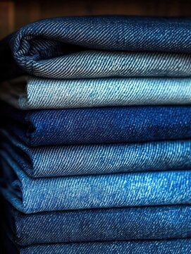 stack of folded blue denim jeans in varying indigo shades showing textured twill weave, neat organized display evoking classic casual comfort