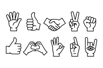 Fototapeta premium outline hand gesture icons representing human communication symbols approval peace love agreement in clean minimalist line art vector style