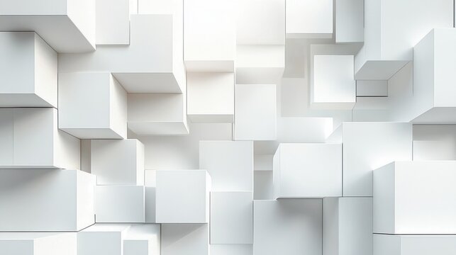 minimalist arrangement of white 3d cubes and blocks in a staggered geometric grid with soft shadows and calm modern depth