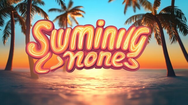 Glowing 3D script text floating over calm tropical beach at sunset with palm tree silhouettes, warm golden reflection and serene nostalgic mood
