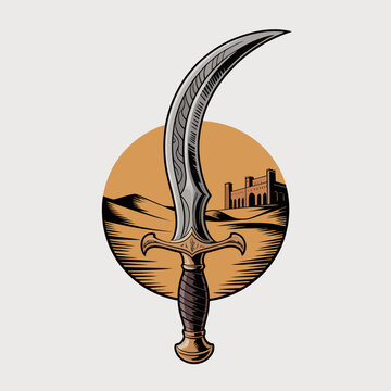 Scimitar sword with curved blade.