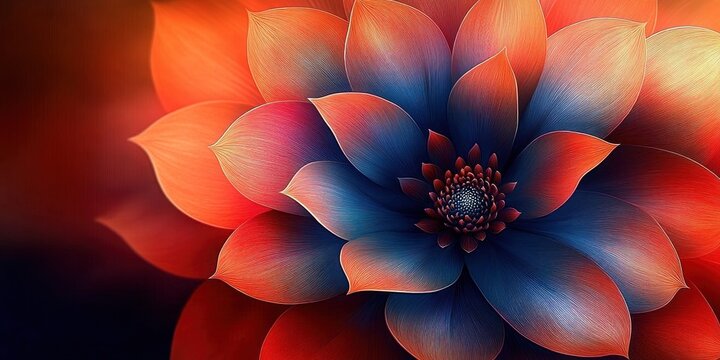 large stylized flower with layered blue and orange textured petals and glowing detailed center, radial symmetry evoking serene and elegant mood