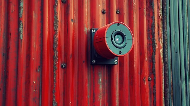 red cylindrical surveillance camera with visible lens mounted on weathered corrugated metal wall with rusted bolts and green trim, conveying a watchful industrial mood