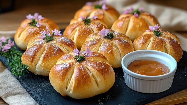 Warm golden pumpkin-shaped sweet buns dusted with powdered sugar, topped with tiny pink flowers and herbs, served with caramel dipping sauce on a dark slate board, inviting and cozy