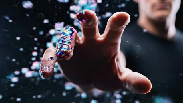 A close-up of a hand emerging from darkness, surrounded by scattered, shimmering pixels