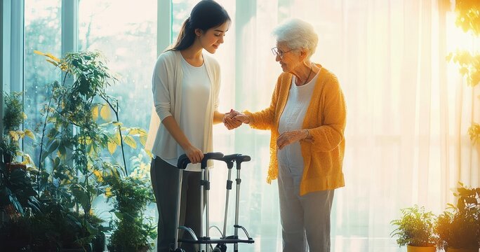 Young woman gently supporting elderly woman using a walker in a sunlit plant-filled room, warm caring moment