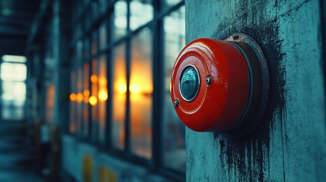 red industrial alarm bell mounted on a weathered pillar in a dim factory corridor with warm glowing window lights, evoking tense alertness