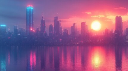 Fototapeta premium futuristic neon city skyline at sunset over calm reflective water with glowing skyscrapers and warm pink-purple sky, serene dreamy atmosphere