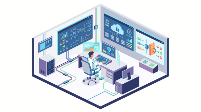 Isometric cybersecurity monitoring room and data control center vector illustration with operator protecting cloud server network and firewall system