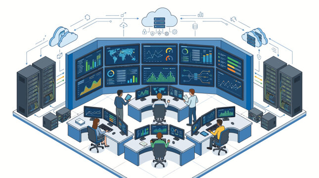 Isometric cybersecurity control center and network operations room vector illustration with team of IT specialists monitoring global data analytics and cloud server security