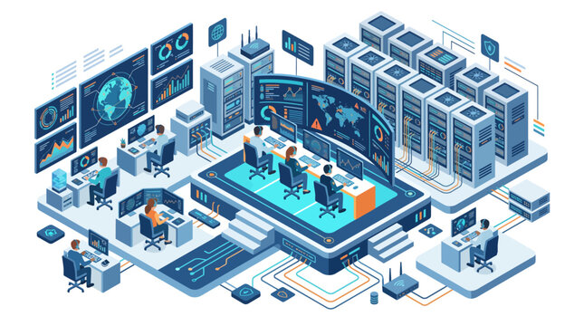 Isometric cybersecurity operations center and server room vector illustration with IT support team monitoring global network data analytics and firewall security