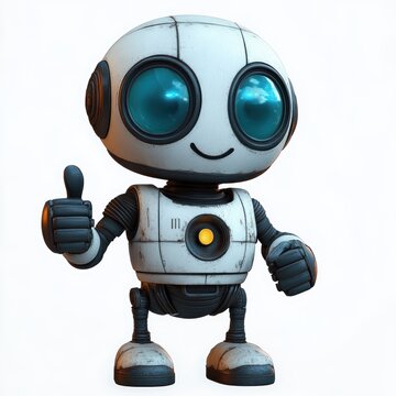 small friendly white retro robot with large blue glass eyes giving a thumbs up, glowing chest light, worn metal texture, smiling and optimistic